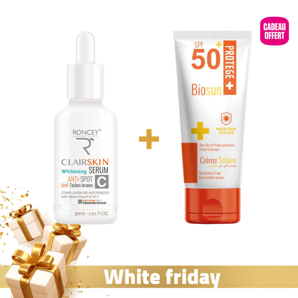 Roncey clairskin sérum éclaircissant anti-taches 30ml + biosun écran spf50+ 50ml offert
