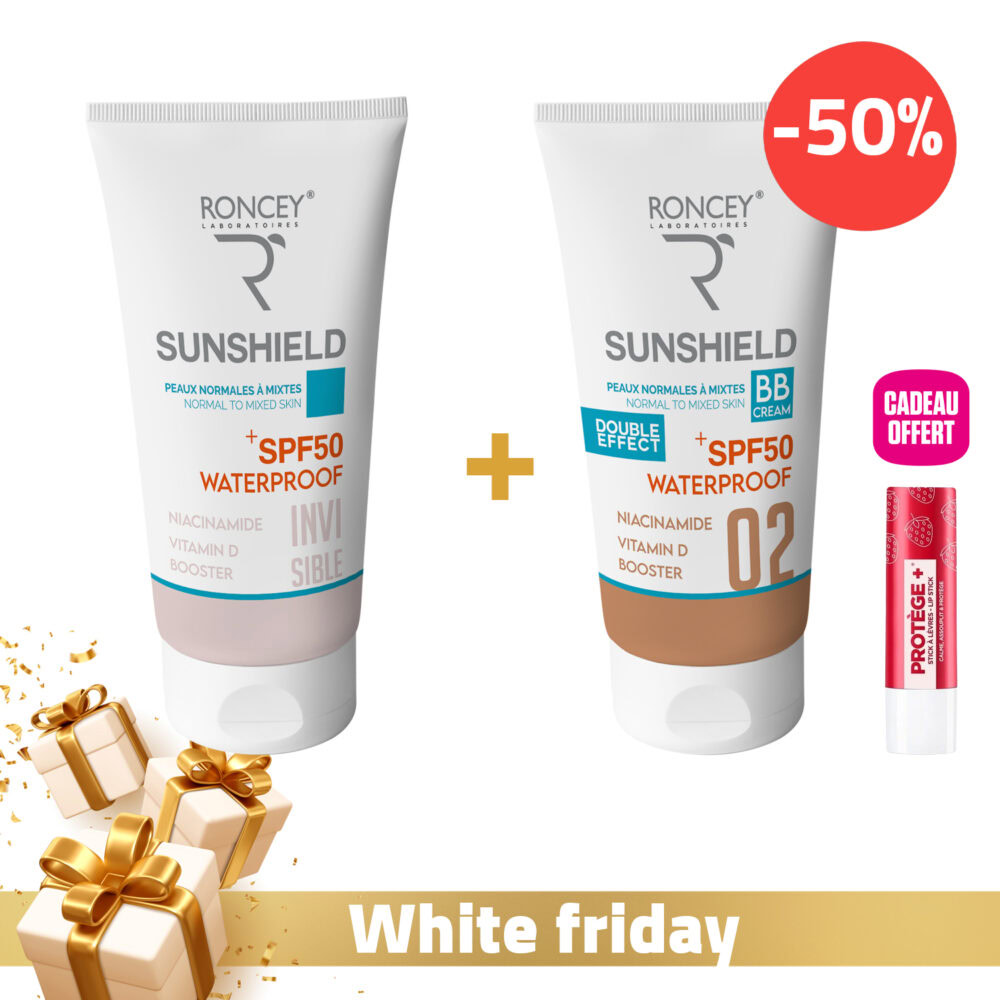 Roncey ecran sunshield waterproof peau mixte spf50+ invisible 50ml + roncey ecran sunshield waterproof peau mixte spf50+ teinte 02 50ml + baume à lèvres offert