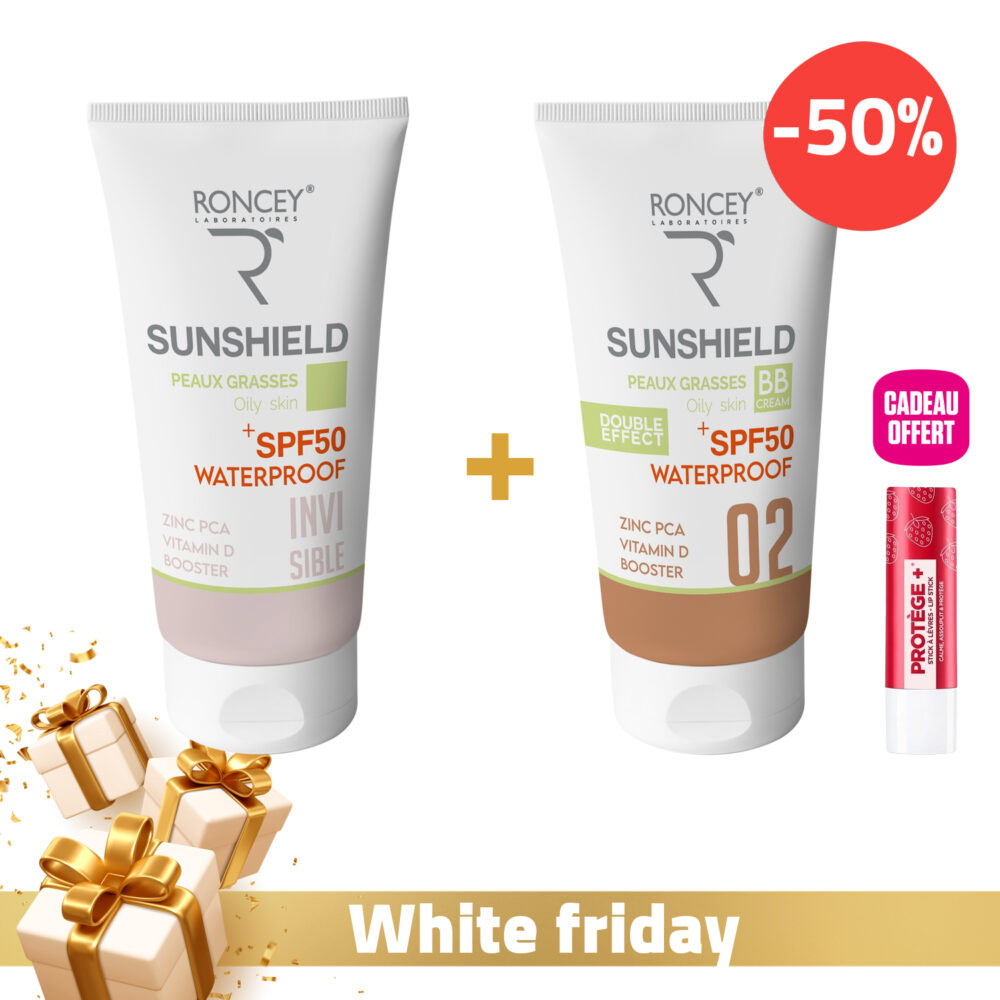 Roncey ecran sunshield waterproof peau mixte spf50+ invisible 50ml + roncey ecran sunshield waterproof peau sèche spf50+ teinte 02 50ml -50% + baume à lèvres offert