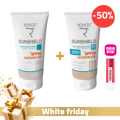 Roncey ecran sunshield waterproof peau mixte spf50+ invisible 50ml + roncey ecran sunshield waterproof spf50+ teinte 01 peau mixte 50ml + baume à lèvres offert