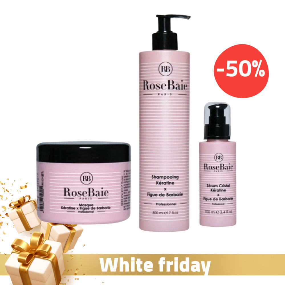 Rosebaie shampoing à la kératine et à l’huile de figue de barbarie 500ml + rosebaie masque à la kératine et à l’huile de figue de barbarie 500ml + rosebaie sérum protecteur à l’huile de figue de barbarie et kératine 100ml (-50 %)