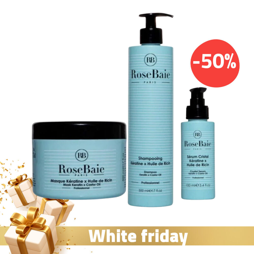 Rosebaie shampoing à la kératine et à l’huile de ricin 500ml + rosebaie masque à la kératine et à l’huile de ricin 500ml + rosebaie sérum cristal professionnel à l’huile de ricin 100ml (-50 %)
