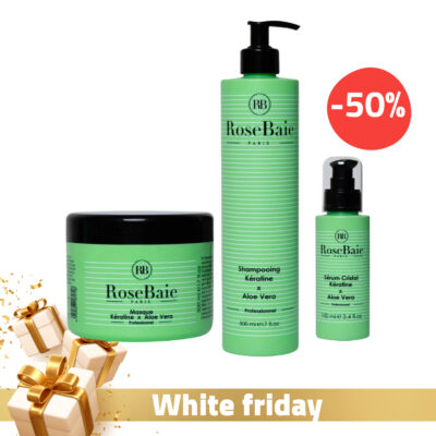 RoseBaie Shampoing Aloe Vera et Kératine 500ml + RoseBaie Masque à la Kératine et à l’Aloe Vera 500ml + RoseBaie Sérum Cristal Professionnels à l’Aloe Vera 100ml (-50%)