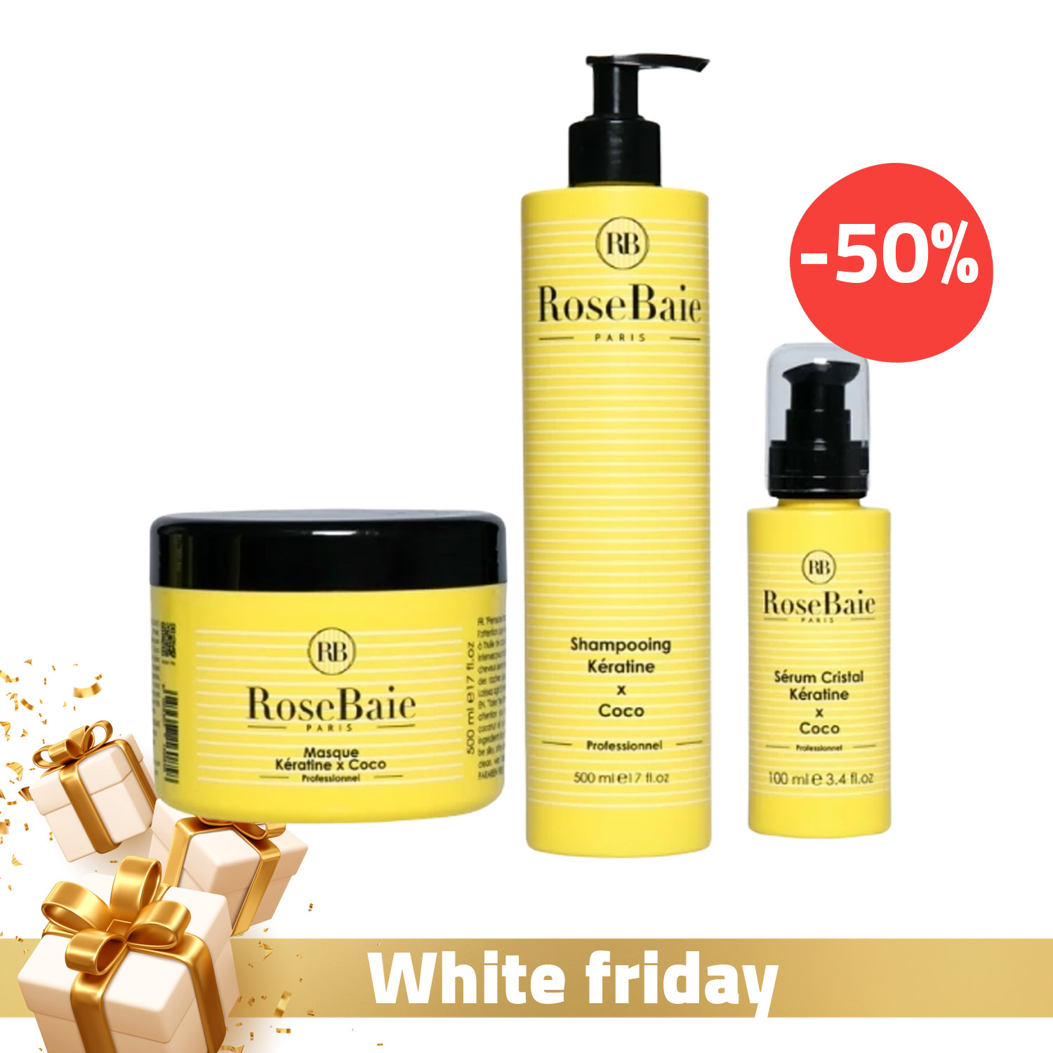 Rosebaie shampoing coco et kératine 500ml + rosebaie masque coco et kératine 500ml + rosebaie sérum cristal professionnel à l’huile de coco 100ml (-50 %) Rosebaie shampoing à la kératine et à l’huile de figue de barbarie 500ml + rosebaie masque à la kératine et à l’huile de figue de barbarie 500ml + rosebaie sérum protecteur à l’huile de figue de barbarie et kératine 100ml (-50 %)