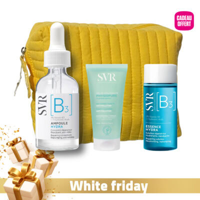 Routine Bouglia – SVR Ampoule [B3] Hydra 30ml + SVR Physiopure Gelée Moussante 55ml Offerte + SVR [B3] Essence Hydra Solution Réparatrice 30ml Offerte + Trousse Offerte