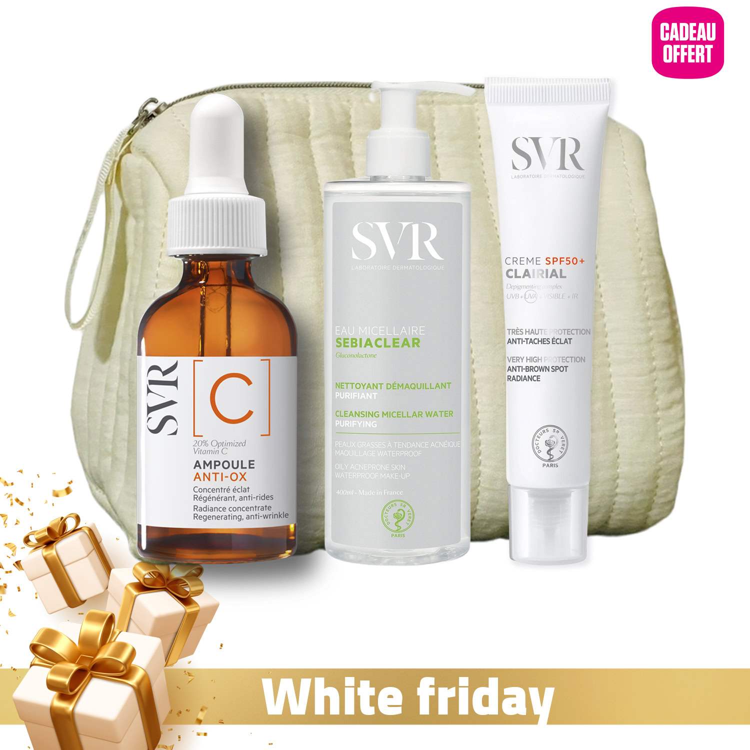 Routine nadine – svr sebiaclear eau micellaire 400ml + svr ampoule c anti-ox 30ml + (svr clairial crème solaire anti-taches spf50+ 40ml + trousse) offerts Routine nadine – svr sebiaclear eau micellaire 400ml + svr ampoule c anti-ox 30ml + svr clairial crème solaire anti-taches spf50+ 40ml + trousse offerte