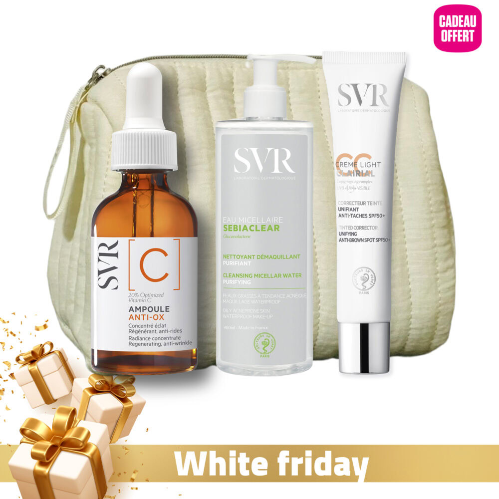 Routine nadine – svr sebiaclear eau micellaire 400ml + svr ampoule c anti-ox 30ml + svr clairial cc crème light spf50+ 40ml + trousse offerte