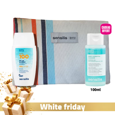 Sensilis fluid 100 solar allergy spf50+ + purify essential cleanser 100ml offert + trousse