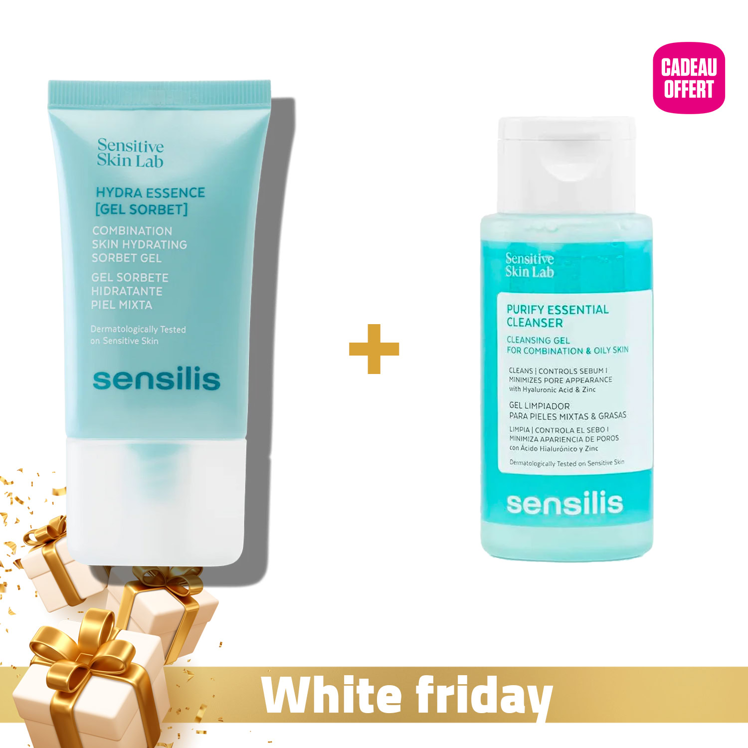 Sensilis hydra essence gel sorbet 40ml + purify essential cleanser gel nettoyant 100ml offert Sensilis hydra essence gel sorbet 40ml + purify essential cleanser gel nettoyant 100ml offert