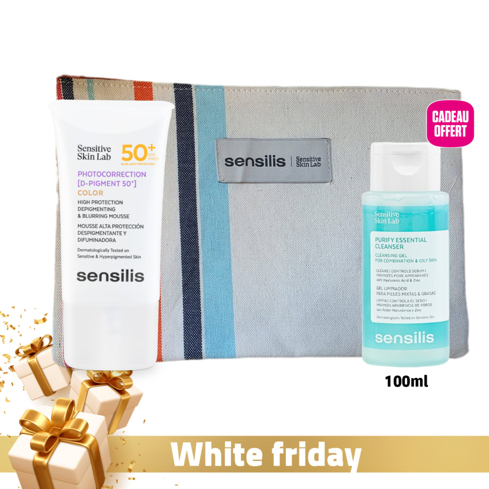 Sensilis photocorrection [d-pigment 50+] teintée + purify essential cleanser 100ml offert + trousse