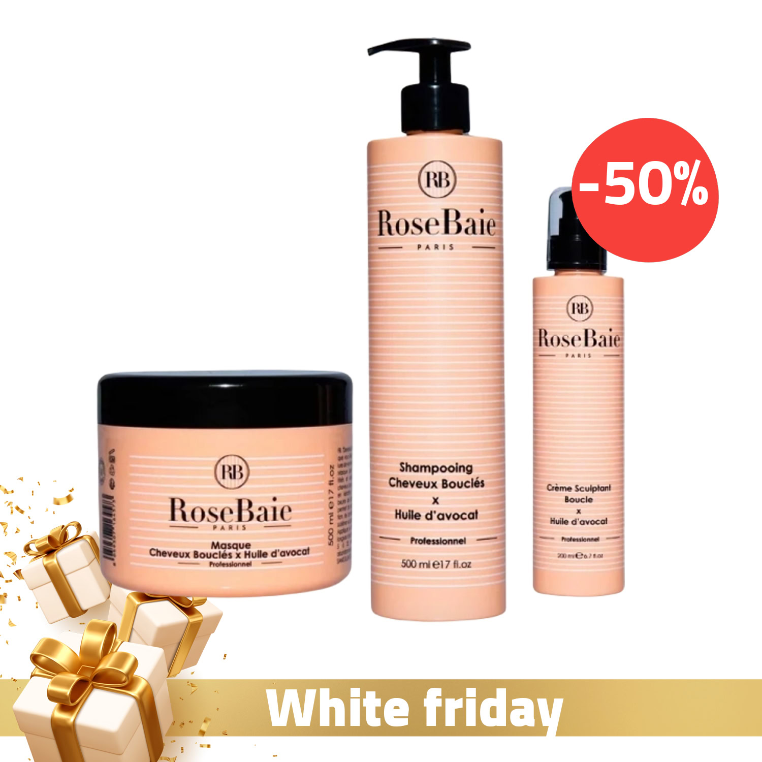 Rosebaie shampoing à la kératine et à l’huile d’avocat 500ml + masque à la kératine et à l’huile d’avocat 500ml + crème hydratante cheveux bouclés x huile d’avocat 200ml (-50 %) Rosebaie shampoing à la kératine et à l’huile d’avocat 500ml + masque à la kératine et à l’huile d’avocat 500ml + crème hydratante cheveux bouclés x huile d’avocat 200ml (-50 %)