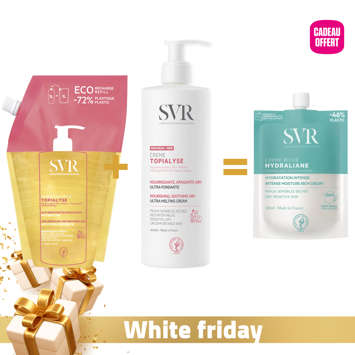 Svr topialyse huile recharge 1l + crème 400ml + hydraliane crème riche offerte Svr topialyse huile recharge 1l + crème 400ml + hydraliane crème riche offerte