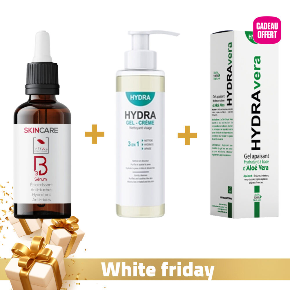 Vital skincare vitamine b3 sérum 20ml + hydra gel nettoyant 225ml + hydravera gel apaisant 90gr offert