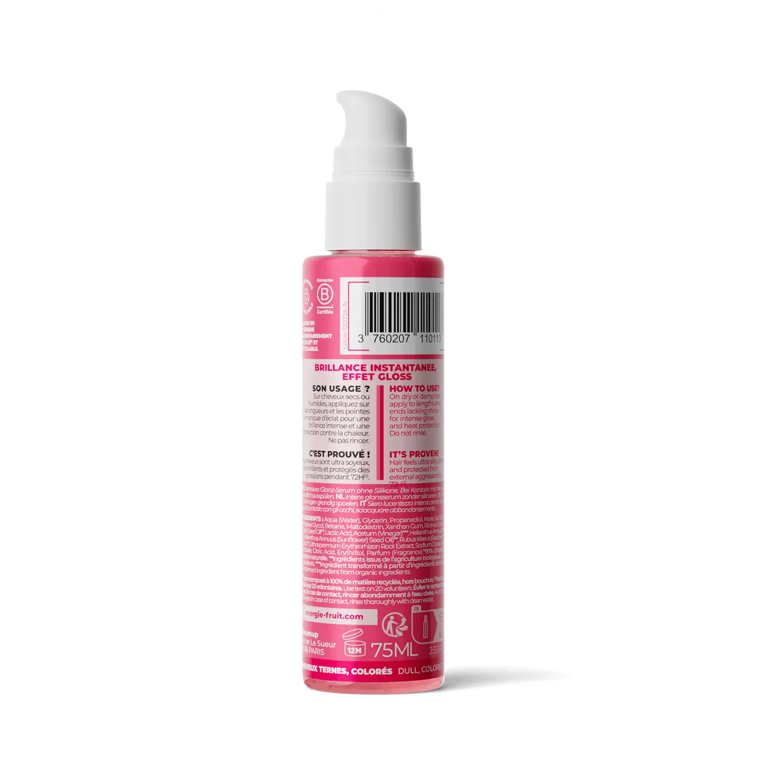Energie fruit sérum capillaire sos gloss brillance intense acide lactic et huile de ricin 75ml Energie fruit sérum capillaire sos gloss brillance intense acide lactic et huile de ricin 75ml