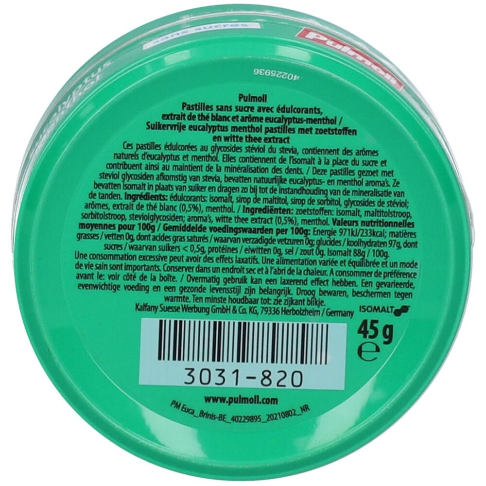 Pulmoll bonbons eucalyptus menthol sans sucres 45g