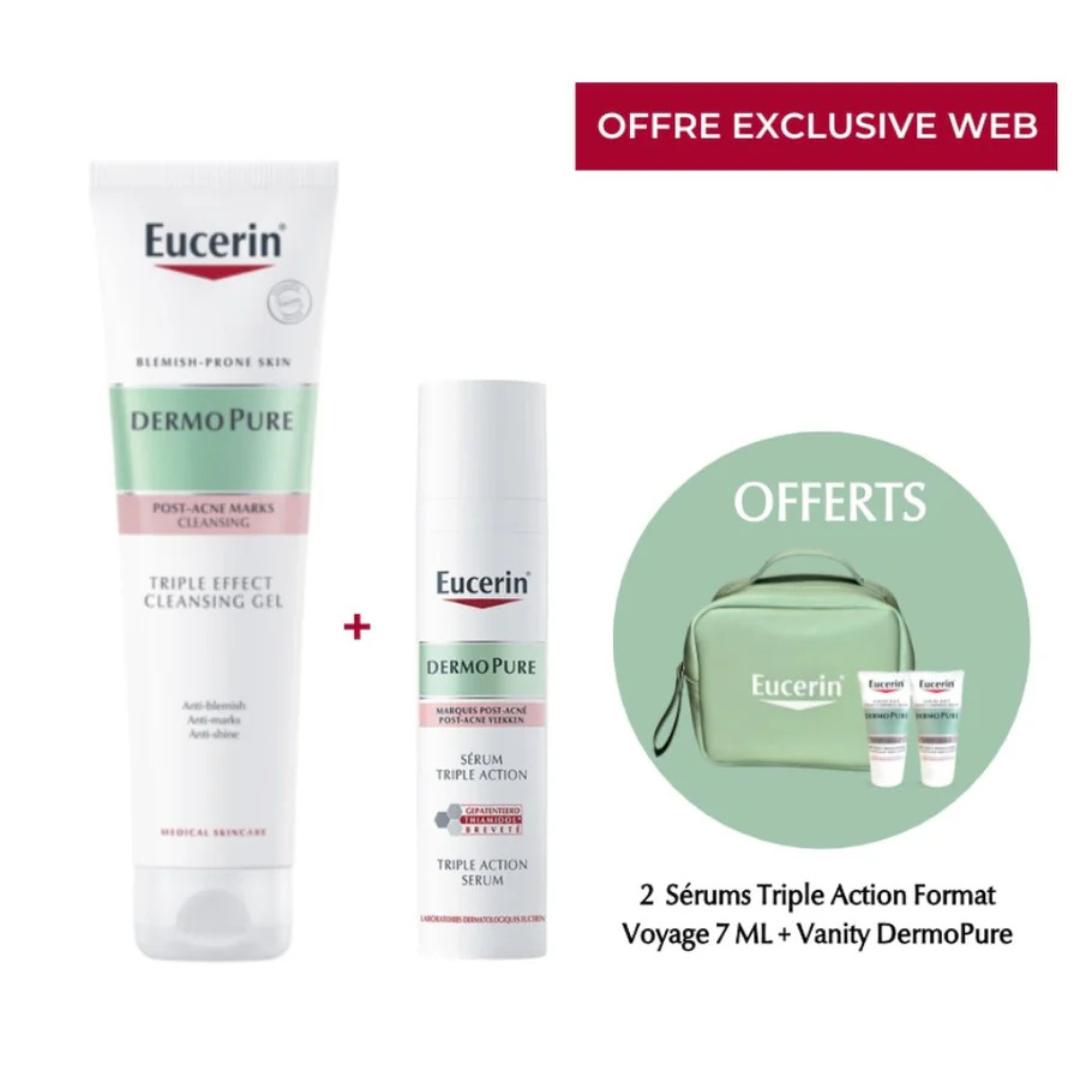 Pack eucerin dermopure gel nettoyant triple action 150ml+ sérum triple action 40ml (2xserum tripile action 7ml & trousse offert) Pack eucerin dermopure