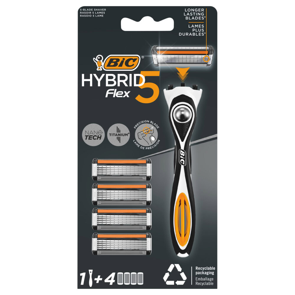Bic hybrid flex 5 rasoirs rechargeables 5 lames homme + 4 lames de recharge