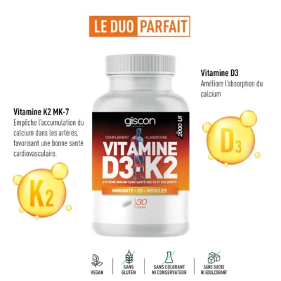 Giscon Vitamine D3+K2 30 gélules