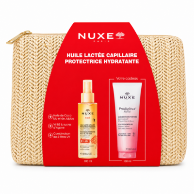 Nuxe Huile Lactee Capillaire Protectrice Hydratante 100ml + Gellee de Douche 100ml et Trousse Offerte