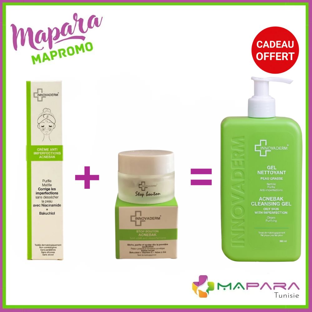 Innovaderm Pack Crème Acnebak + Stop Bouton + Gel Nettoyant Peaux Mixtes à Grasses OFFERT
