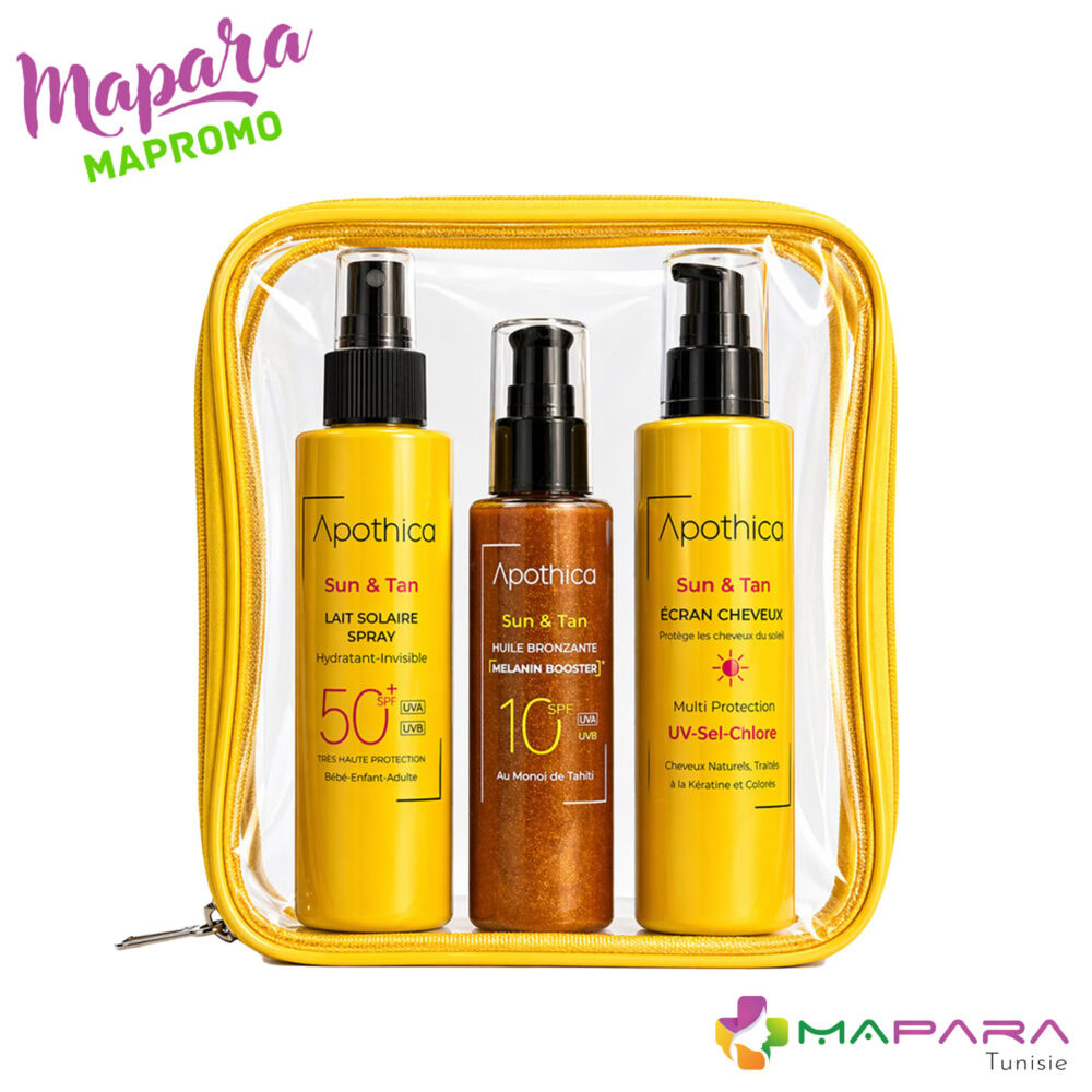 Apothica trousse lait solaire spray 150ml + ecran cheveux 150ml + huile bronzante 100ml offerte