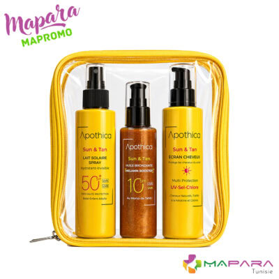 Apothica trousse lait solaire spray 150ml + ecran cheveux 150ml + huile bronzante 100ml offerte