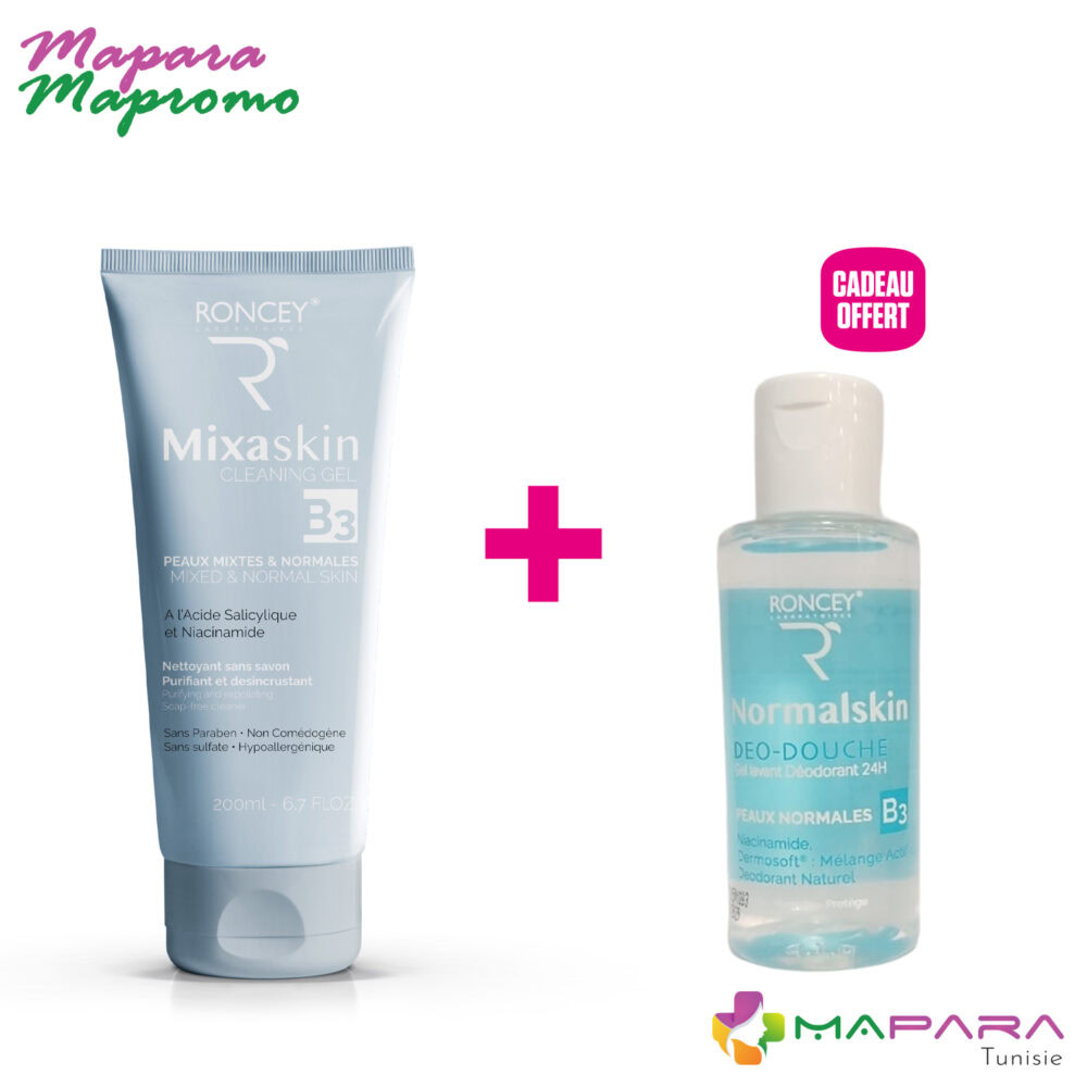 Roncey mixaskin gel nettoyant peaux normales à mixtes 200ml + deo douche normale skin peau normal 50ml (offert)