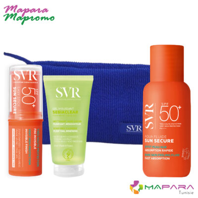 SVR Sun Secure Aqua Fluide SPF50+ 50ml+ Easy Stick SPF50+ 10g + Sebiaclear Gel Moussant 55ml (Offert)+ Trousse en Bleu (Offert)