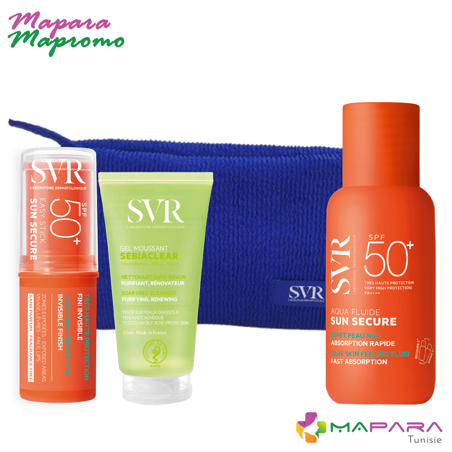 SVR Sun Secure Aqua Fluide SPF50+ 50ml+ Easy Stick SPF50+ 10g + Sebiaclear Gel Moussant 55ml (Offert)+ Trousse en Bleu (Offert)