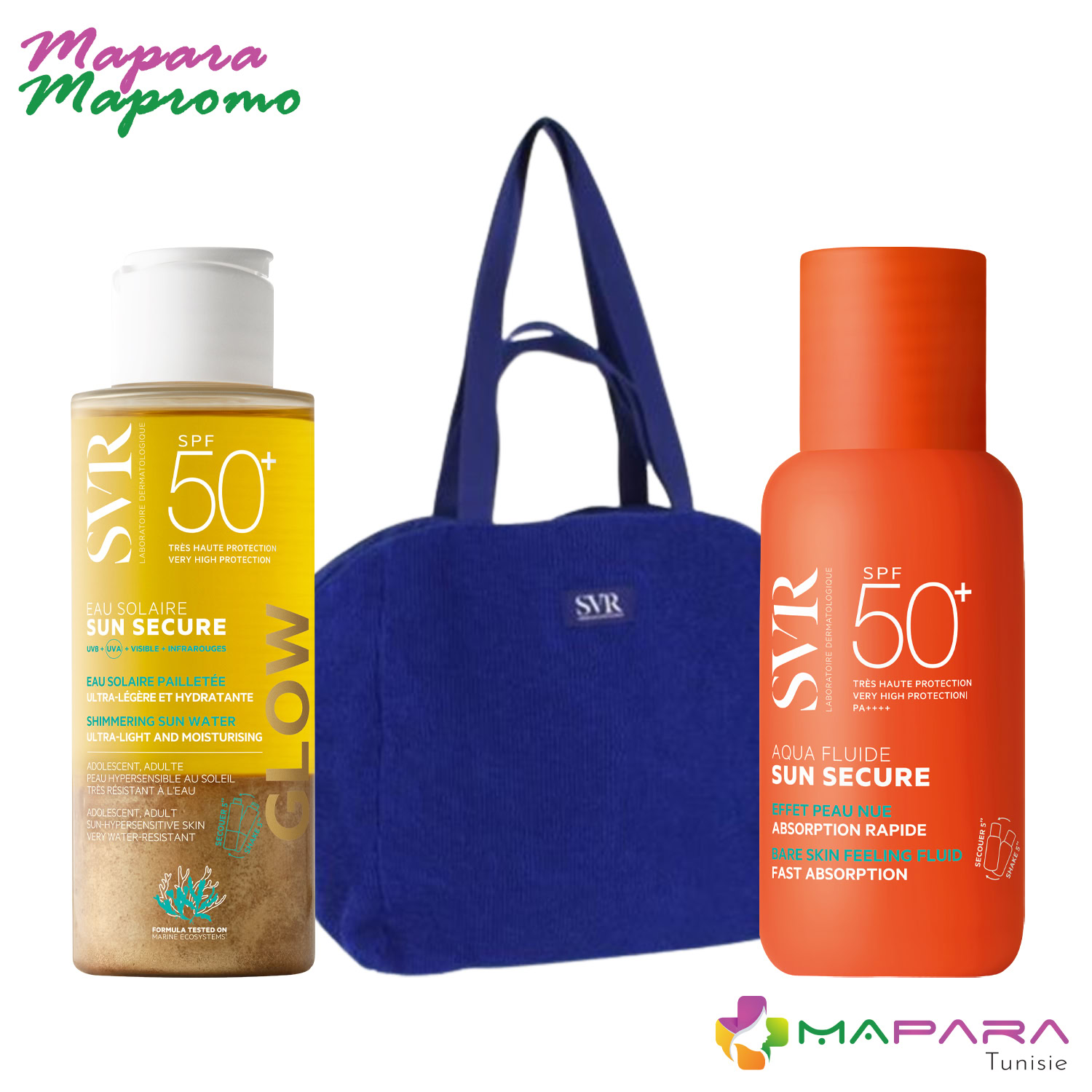 SVR Sun Secure Aqua Fluide SPF50+ 50ml + Sun Secure Eau Solaire Glow SPF50+ 100ml + Sac de Plage en Bleu (Offert)