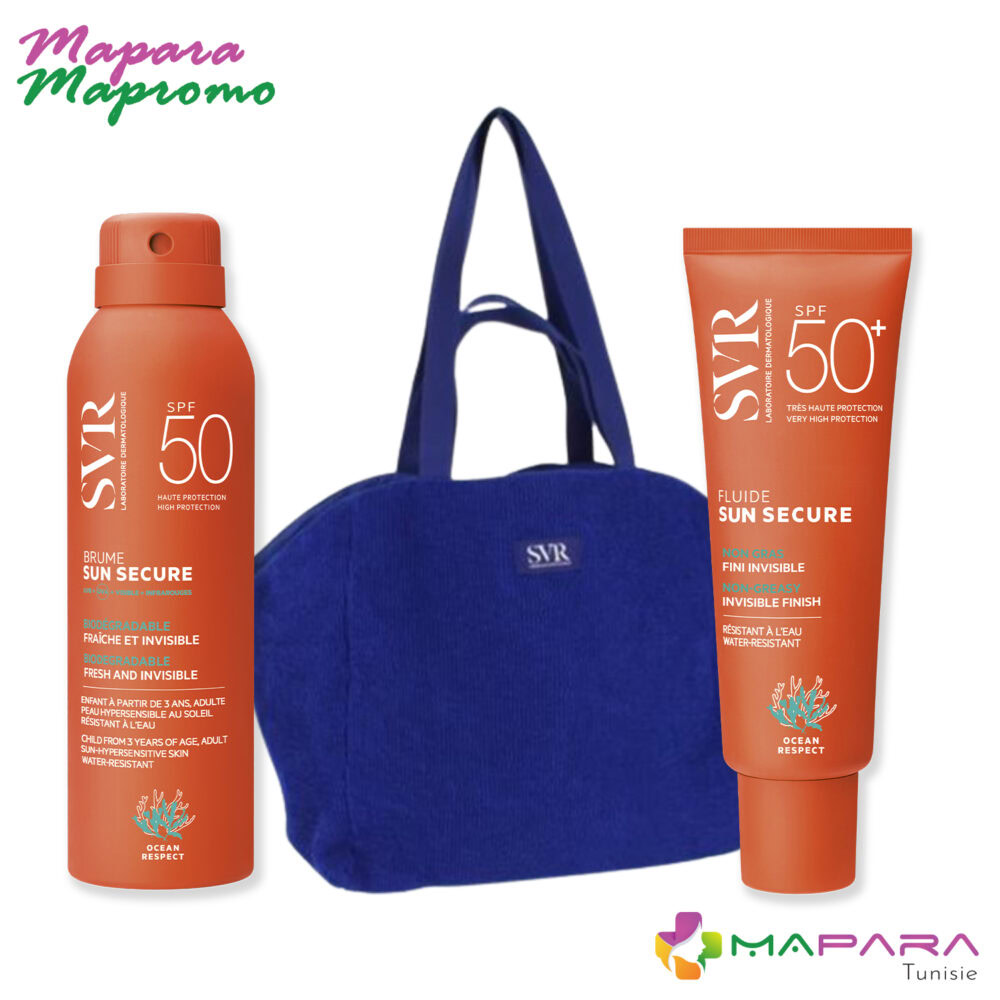 Svr sun secure brume spf50+ 200ml + sun secure fluide spf50+ 50ml + sac de plage en bleu (offert)