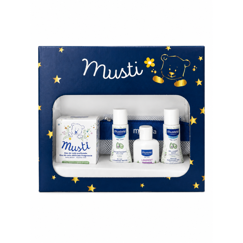 Mustela musti coffret eau parfumee + eau nettoyante + liniment + gel lavant doux et trousse (offert) Mustela musti coffret eau parfumee + eau nettoyante + liniment + gel lavant doux et trousse (offert)