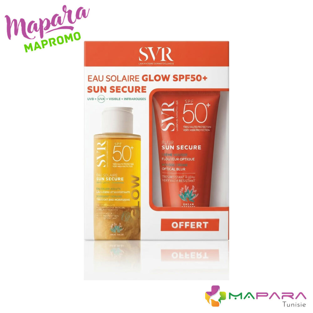 Coffret svr sun secure : eau solaire glow spf50+ et blur spf50+ offert