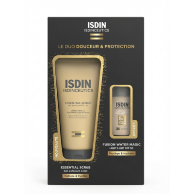 ISDIN ISDINCEUTICS Le Duo Douceur et Protection : Essential Scrub + Fusion Water Magic Light SPF 50 Offert